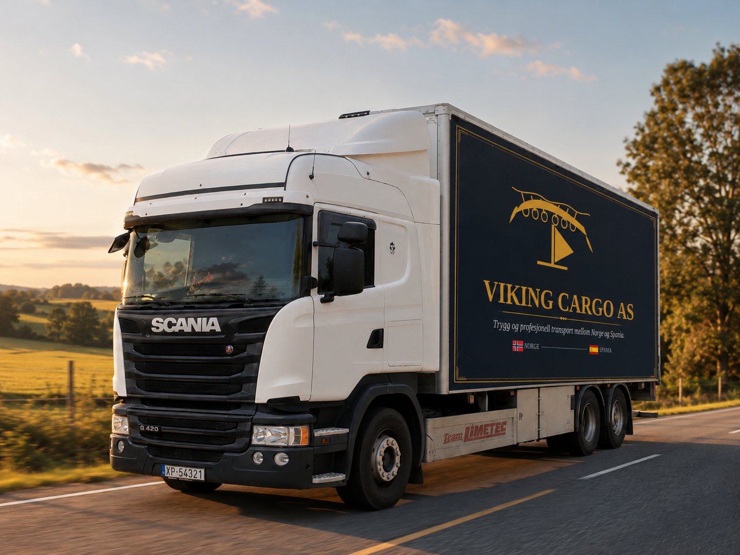 Viking Cargo vogntog i kveldslys på norsk landevei — fast rute mellom Norge og Spania